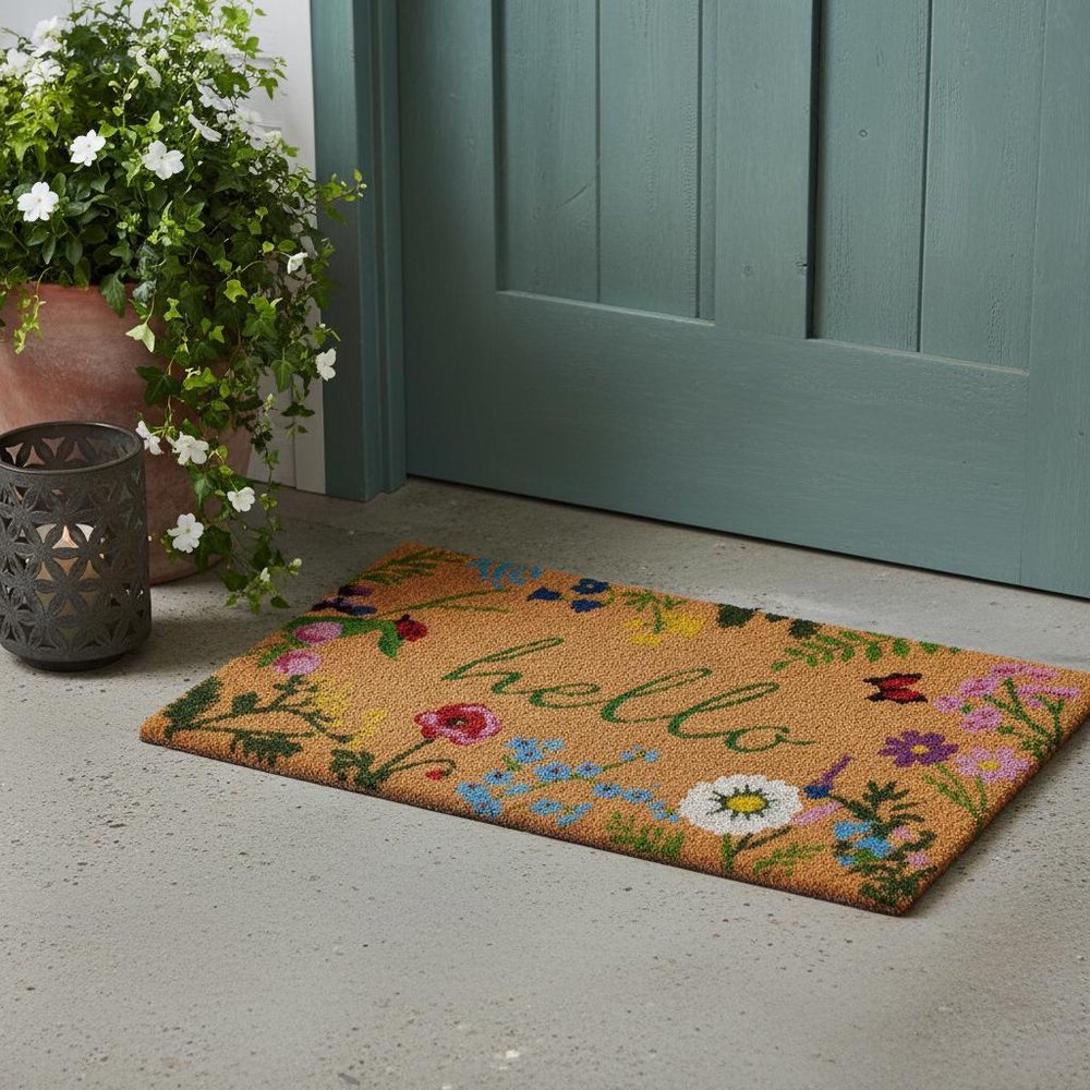 24" X 36" Natural and Green Coir Floral Hello Outdoor Door Mat