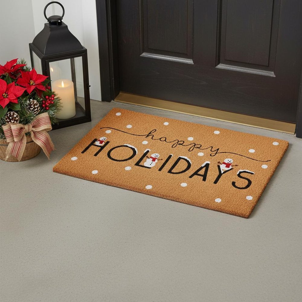 17" X 29" Natural Black and White Coir Happy Holidays Outdoor Christmas Door Mat