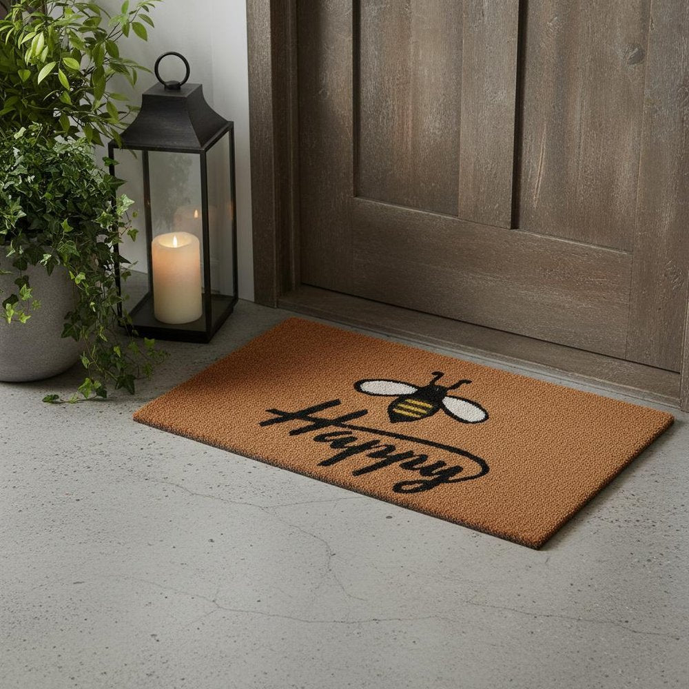 24" X 36" Natural and Black Coir Bumblee Bee Happy Outdoor Door Mat