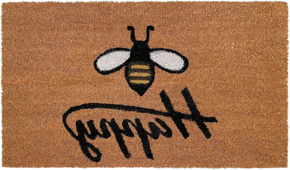 17" X 29" Natural and Black Coir Bumblee Bee Happy Outdoor Door Mat