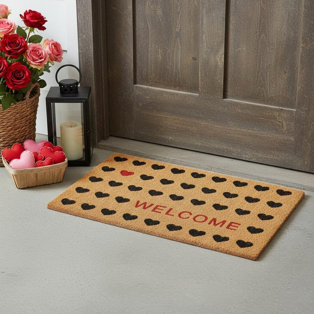 17" X 29" Natural and Black Coir Heart Welcome Outdoor Valentine's Day Door Mat