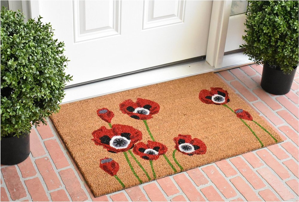 24" X 36" Natural And Red Coir Floral Outdoor Door Mat
