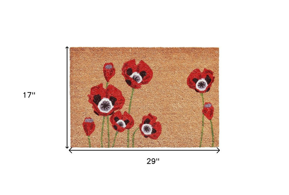 24" X 36" Natural And Red Coir Floral Outdoor Door Mat