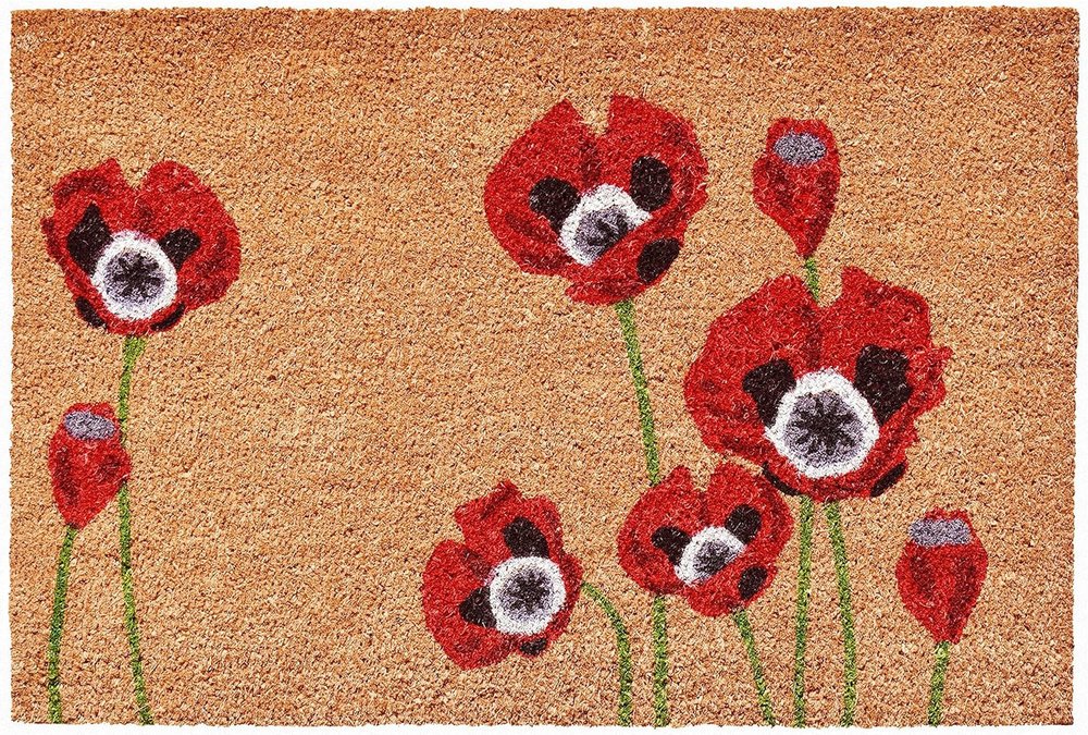 24" X 36" Natural And Red Coir Floral Outdoor Door Mat