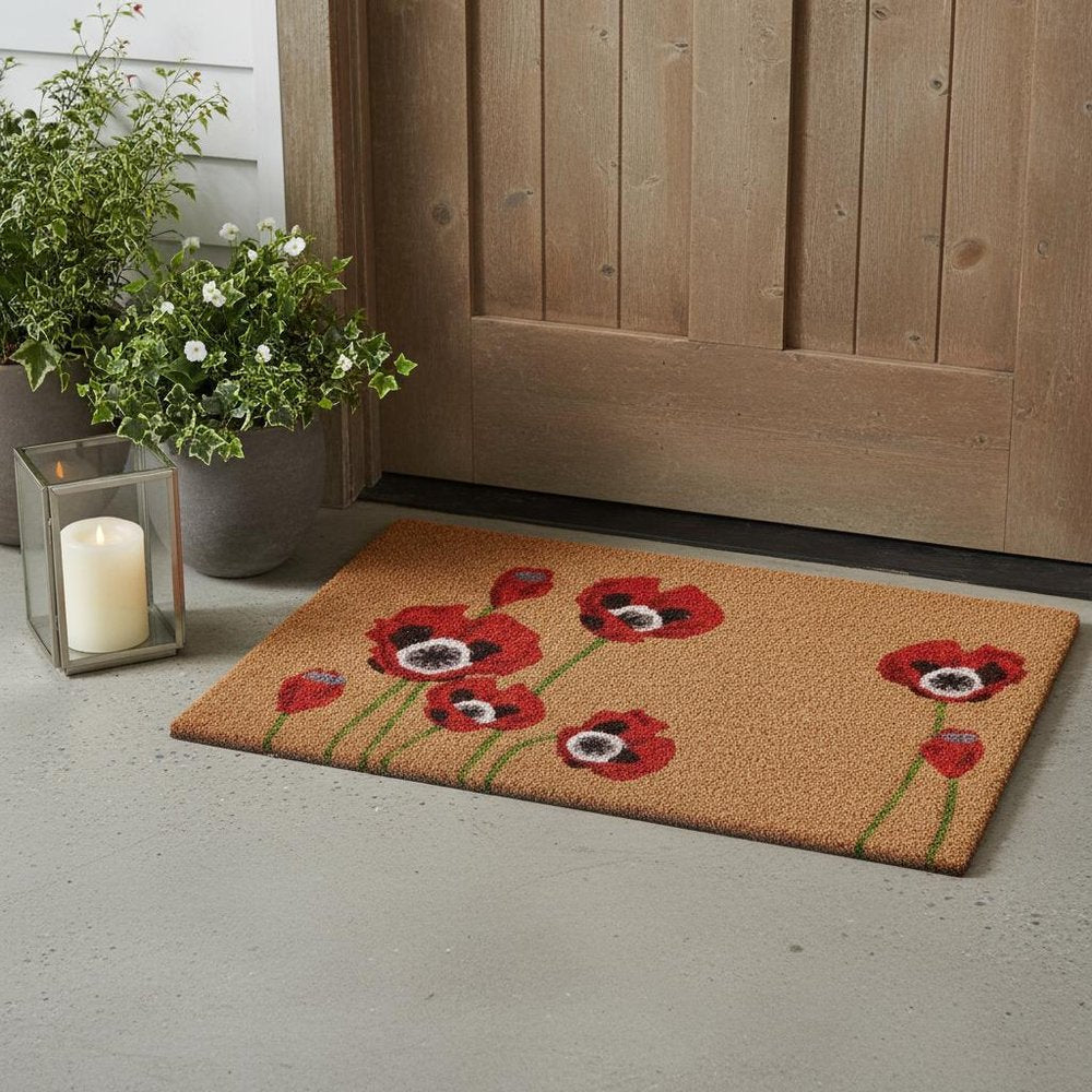 24" X 36" Natural And Red Coir Floral Outdoor Door Mat