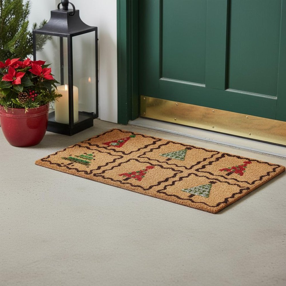 17" X 29" Natural Red and Black Coir Christmas Trees Outdoor Christmas Door Mat
