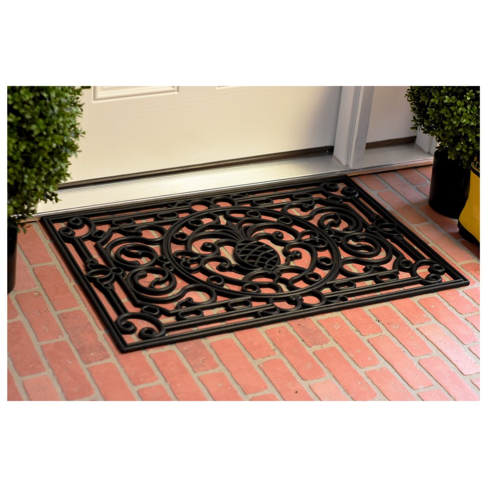 24" X 36" Black Pineapple And Scrollwork Outdoor Rubber Door Mat