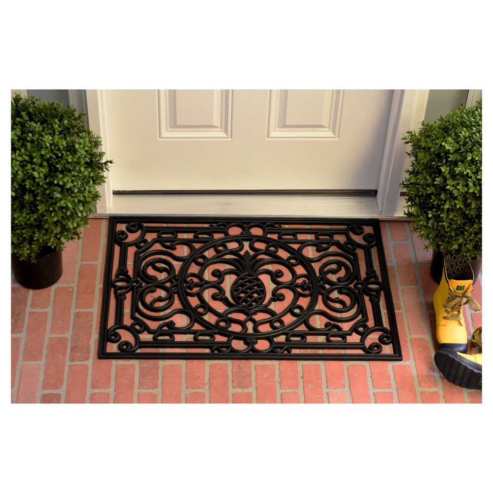 24" X 36" Black Pineapple And Scrollwork Outdoor Rubber Door Mat