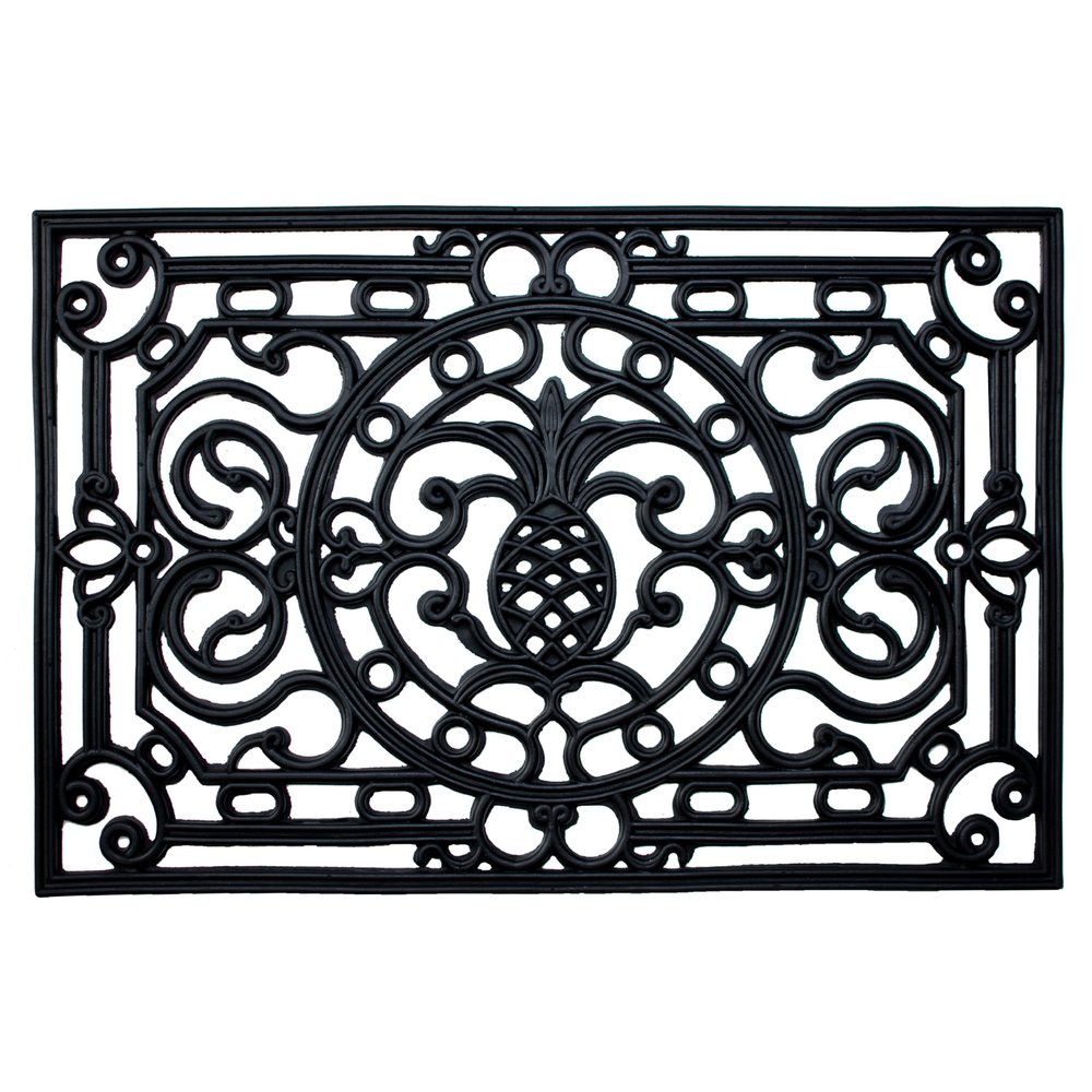 24" X 36" Black Pineapple And Scrollwork Outdoor Rubber Door Mat