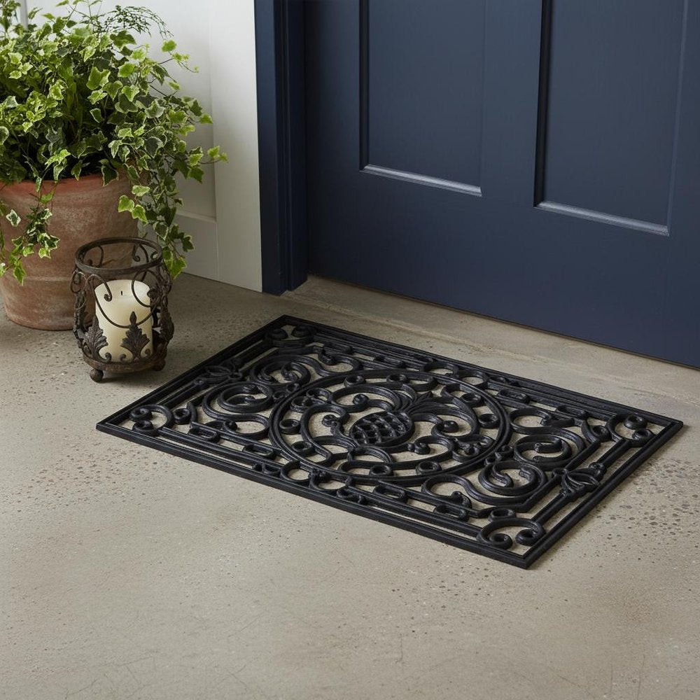 24" X 36" Black Pineapple And Scrollwork Outdoor Rubber Door Mat