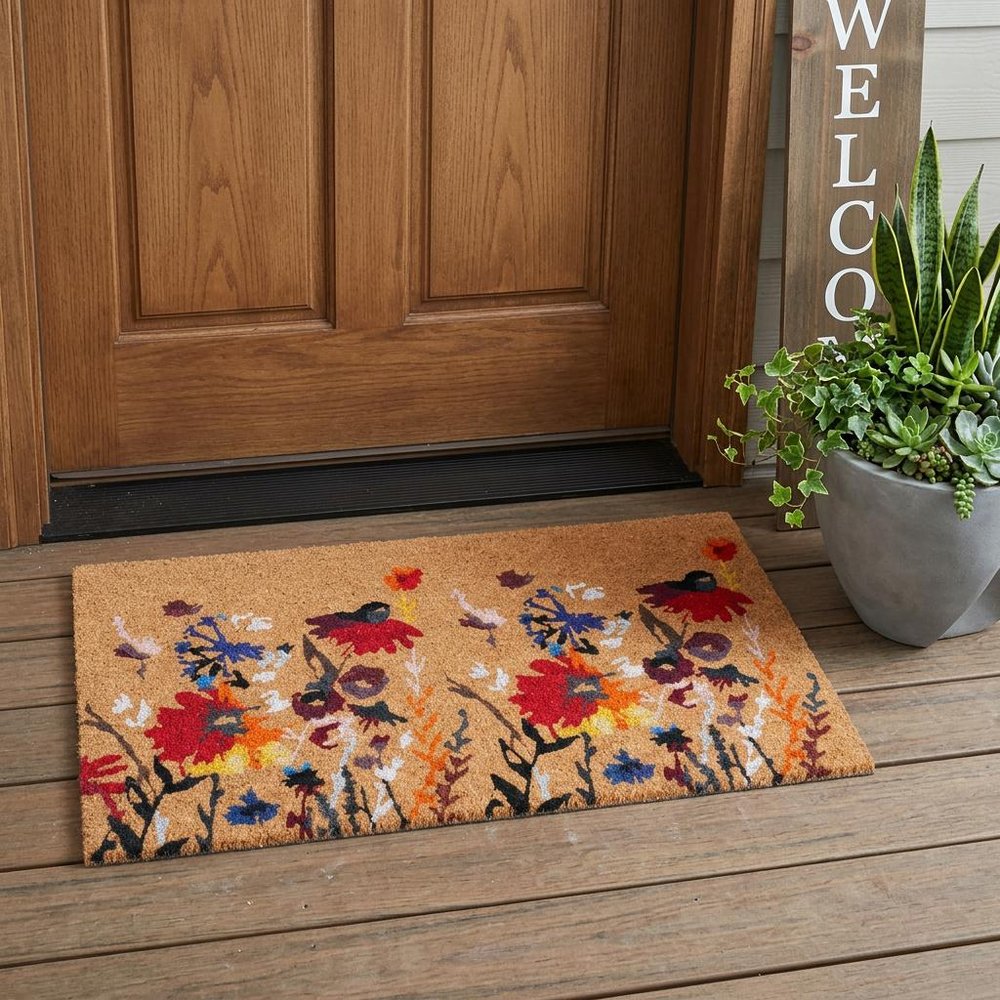 24" X 36" Natural Red and Yellow Coir Floral Outdoor Door Mat
