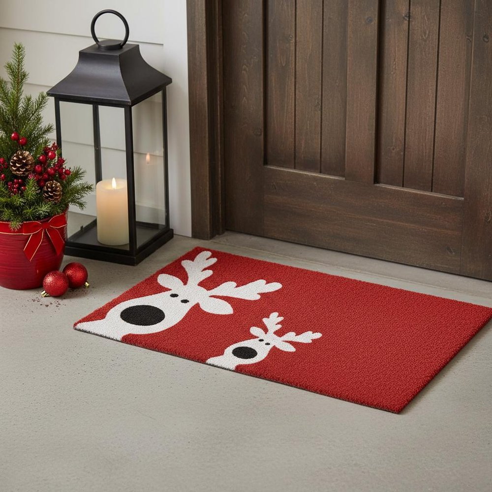 17" X 29" Red and White Coir Reindeer Outdoor Christmas Door Mat