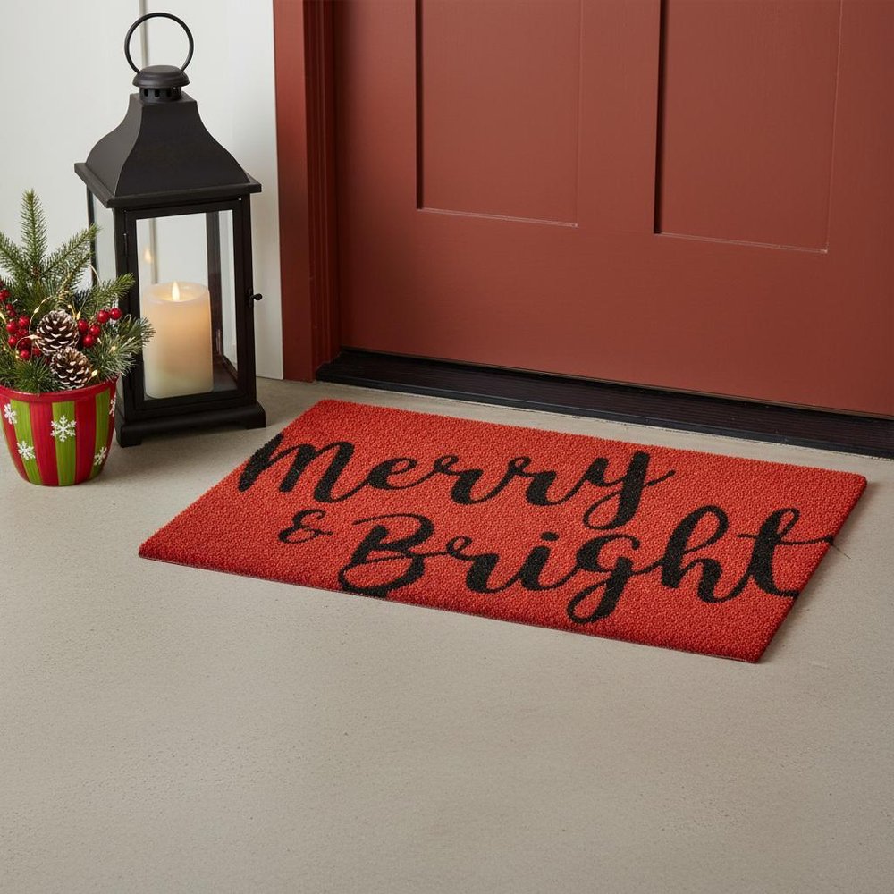 24" X 36" Red and Black Coir Merry and Bright Outdoor Christmas Door Mat