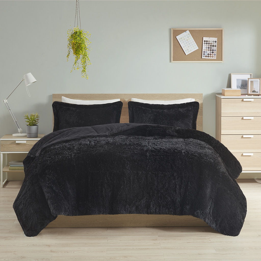 Malea - Twin Shaggy Long Comforter Mini Set - Black