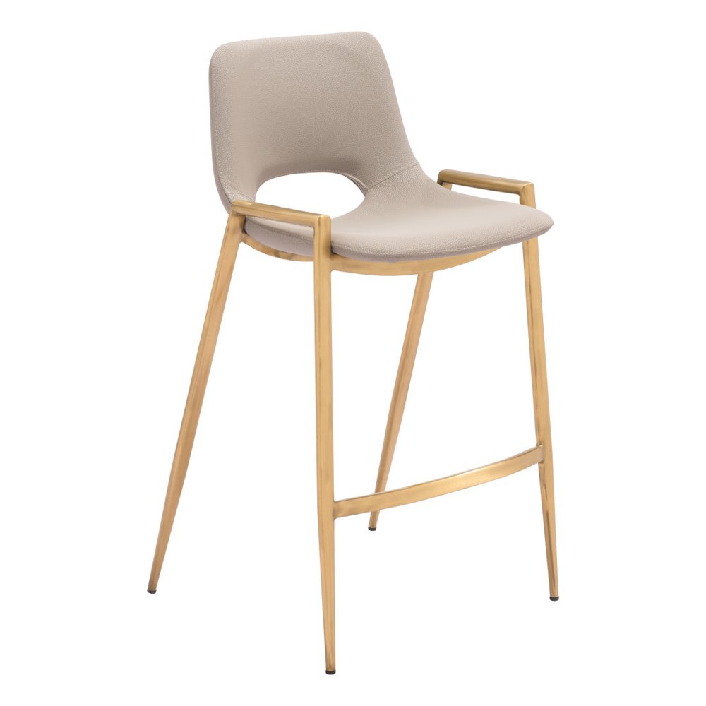 Set of Two 26" Beige And Gold Faux Leather And Steel Low Back Counter Height Bar Chairs