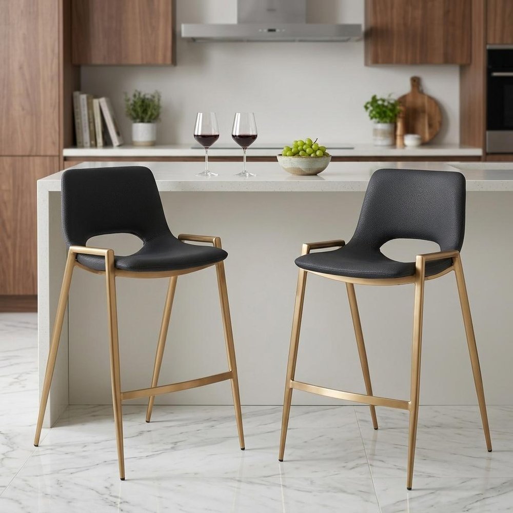Set of Two 26" Black And Gold Faux Leather And Steel Low Back Counter Height Bar Chairs