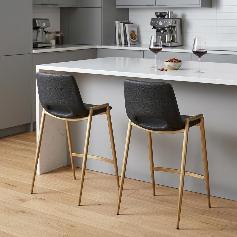 Set of Two 26" Black And Gold Faux Leather And Steel Low Back Counter Height Bar Chairs