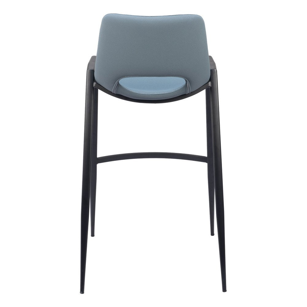 Set of Two 30" Blue And Black Faux Leather And Steel Low Back Bar Height Bar Chairs