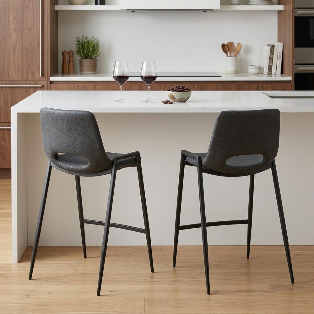Set of Two 26" Black Faux Leather And Steel Low Back Counter Height Bar Chairs