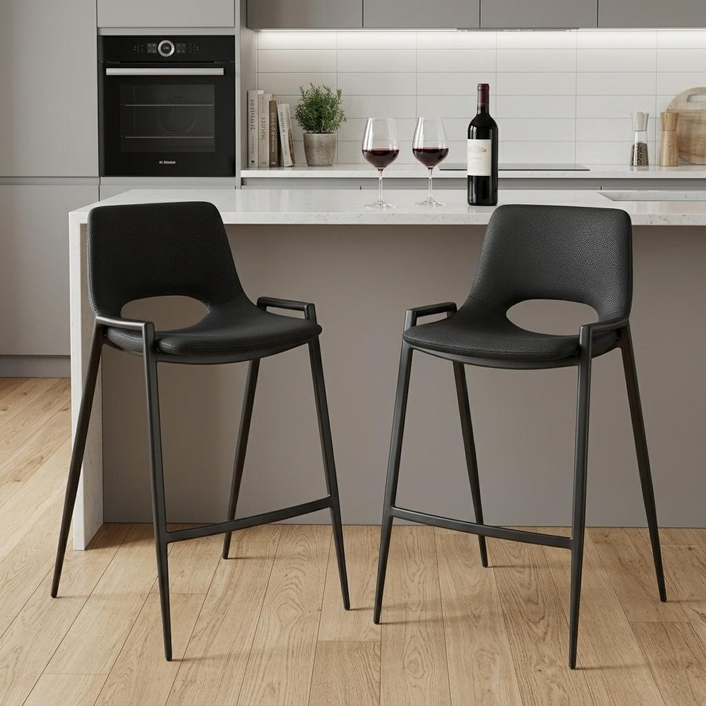 Set of Two 26" Black Faux Leather And Steel Low Back Counter Height Bar Chairs