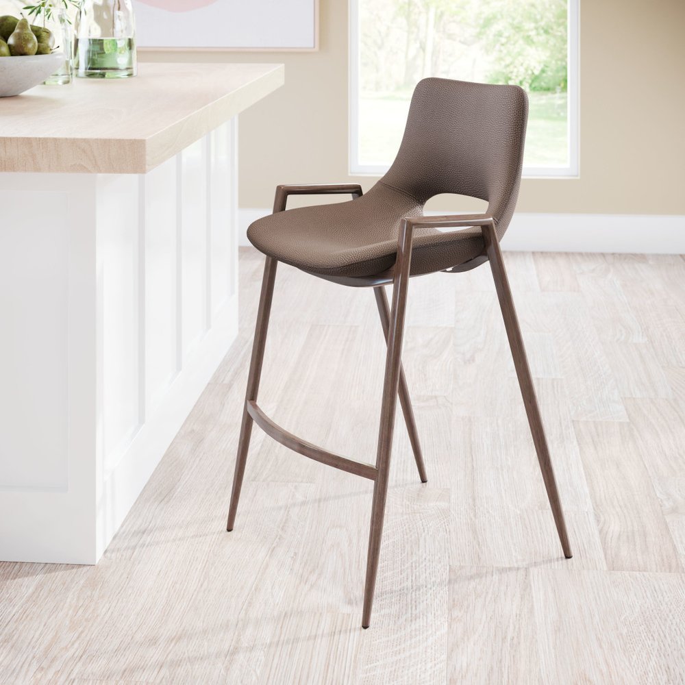 Set of Two 26" Brown Faux Leather And Steel Low Back Counter Height Bar Chairs