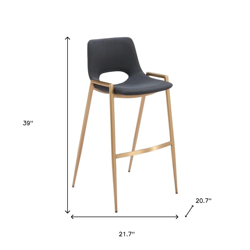 Set of Two 30" Black and Gold Faux Leather and Steel Low Back Bar Height Bar Chairs