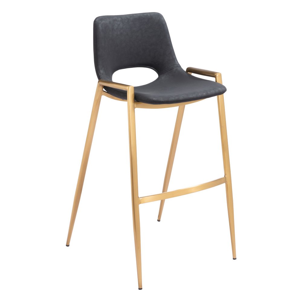 Set of Two 30" Black and Gold Faux Leather and Steel Low Back Bar Height Bar Chairs