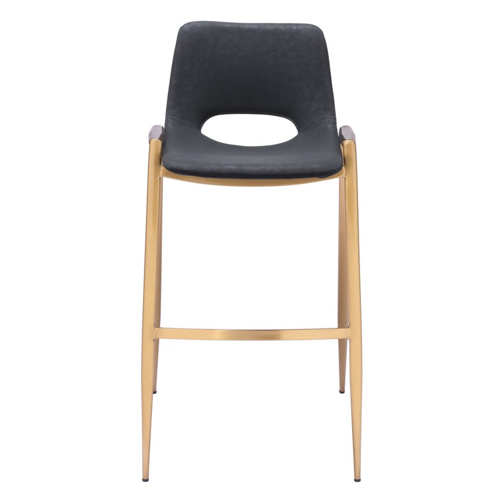 Set of Two 30" Black and Gold Faux Leather and Steel Low Back Bar Height Bar Chairs