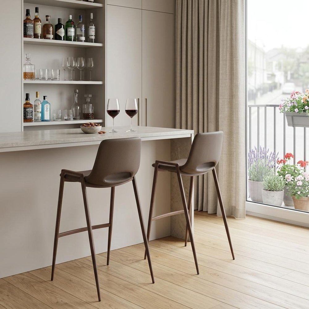 Set of Two 30" Brown Faux Leather And Steel Low Back Bar Height Bar Chairs
