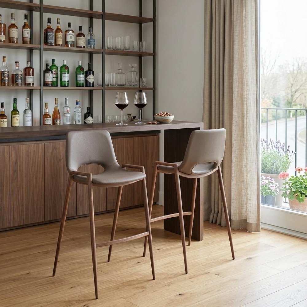 Set of Two 30" Brown Faux Leather And Steel Low Back Bar Height Bar Chairs