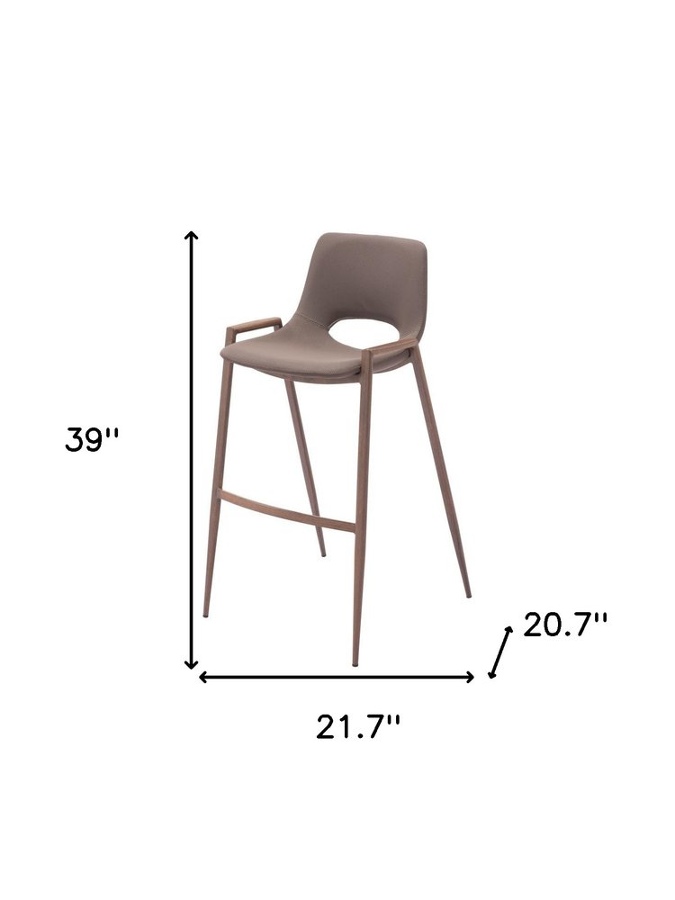 Set of Two 30" Brown Faux Leather And Steel Low Back Bar Height Bar Chairs