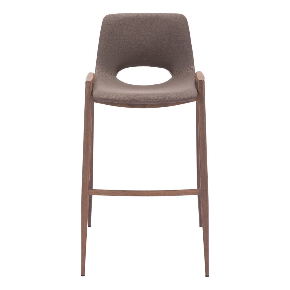 Set of Two 30" Brown Faux Leather And Steel Low Back Bar Height Bar Chairs