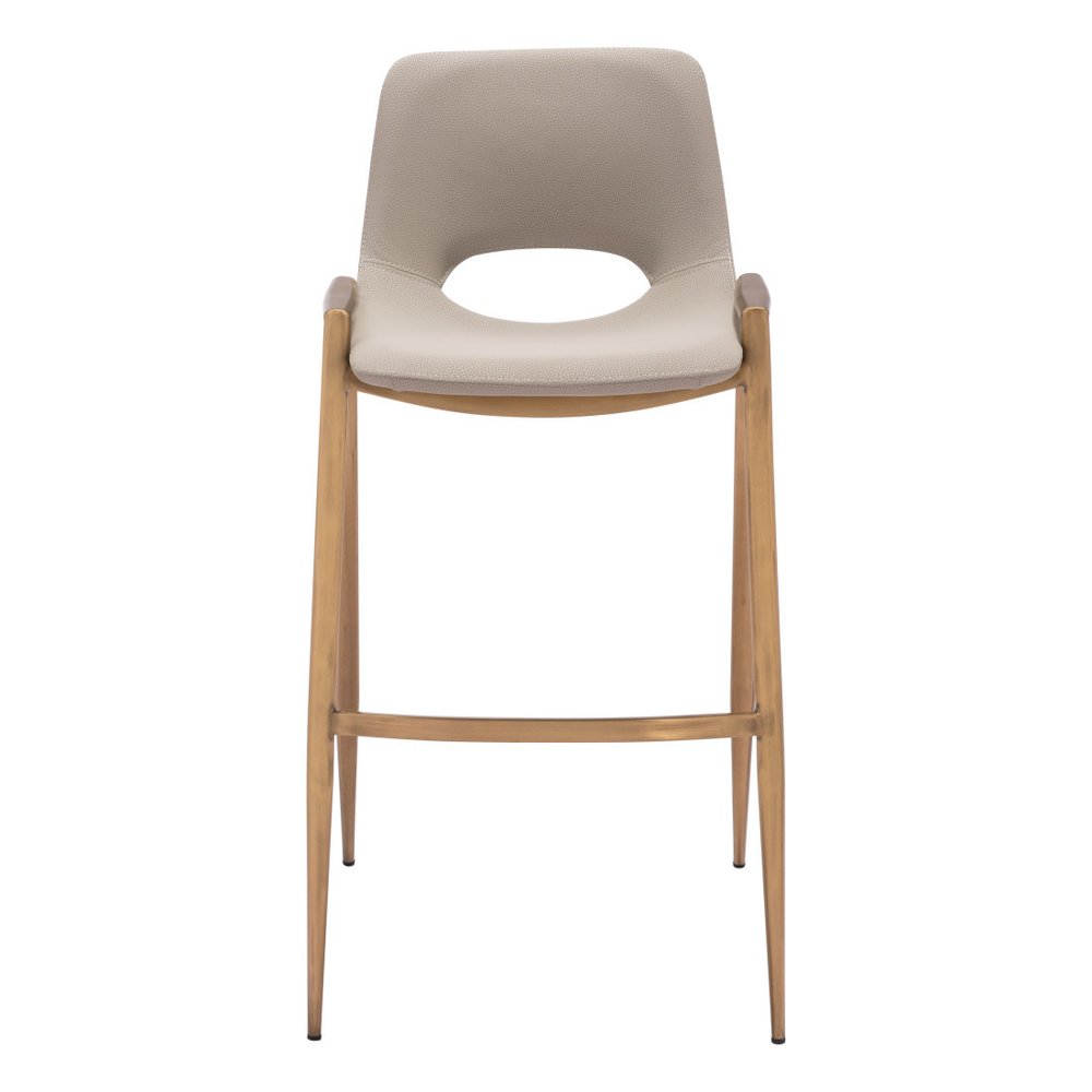 Set of Two 30" Beige And Gold Faux Leather And Steel Low Back Bar Height Bar Chairs