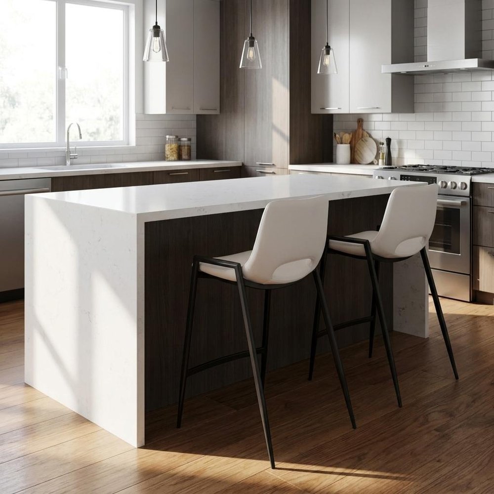 Set of Two 26" White and Black Faux Leather and Steel Low Back Counter Height Bar Chairs
