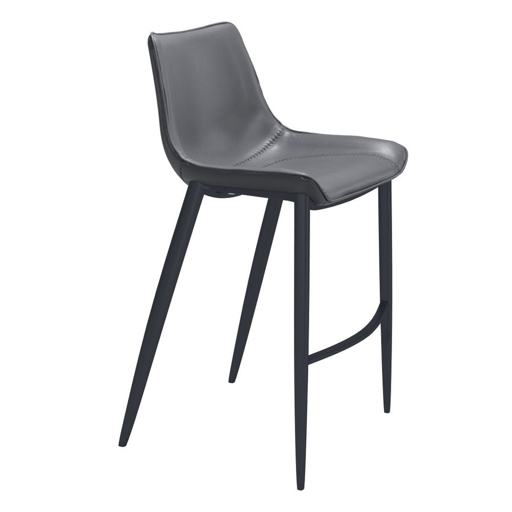 Set of Two 30" Dark Gray And Black Faux Leather And Steel Bar Height Bar Chairs
