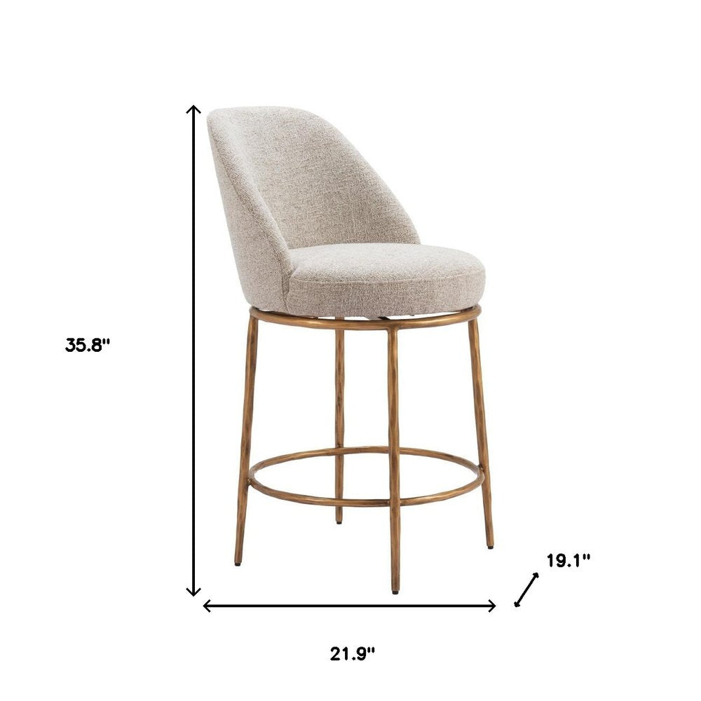 24" Beige and Gold Fabric and Steel Counter Height Swivel Bar Chair