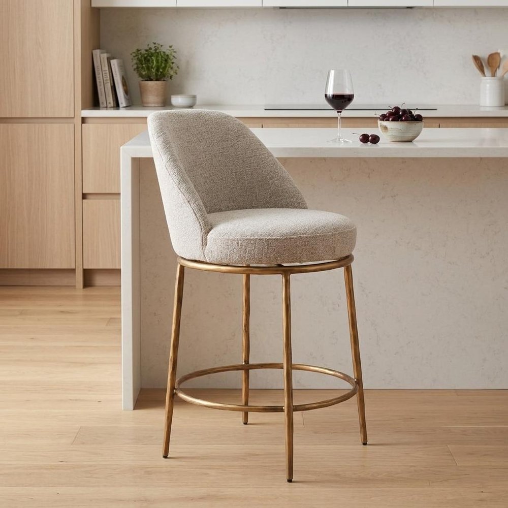 24" Beige and Gold Fabric and Steel Counter Height Swivel Bar Chair