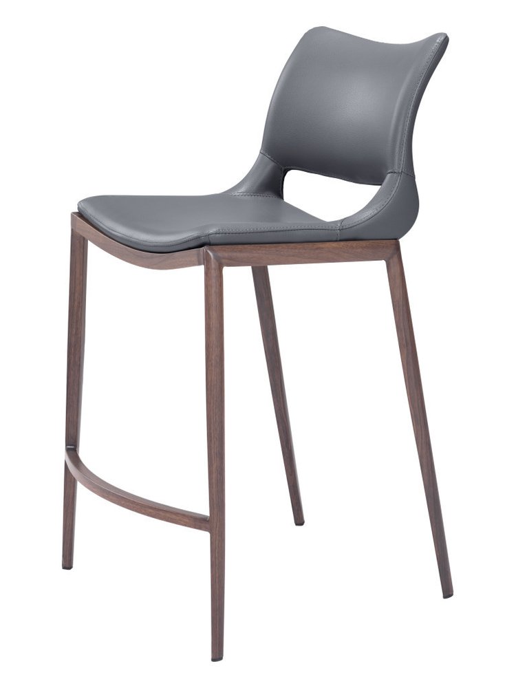 Set of Two 25" Dark Gray and Brown Faux Leather and Steel Low Back Counter Height Bar Chairs