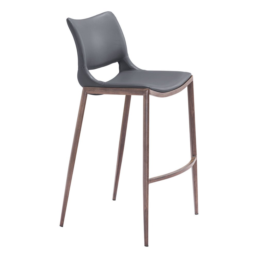 Set of Two 29" Dark Gray and Walnut Faux Leather and Steel Low Back Counter Height Bar Chairs