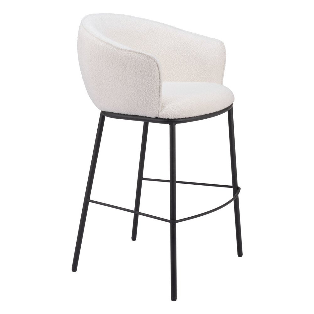 30" Ivory And Black Shearling And Steel Bar Height Bar Chair