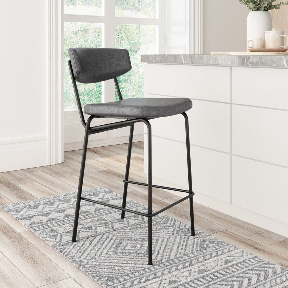 Set of Two 30" Black Faux Leather and Steel Low Back Bar Height Bar Chairs