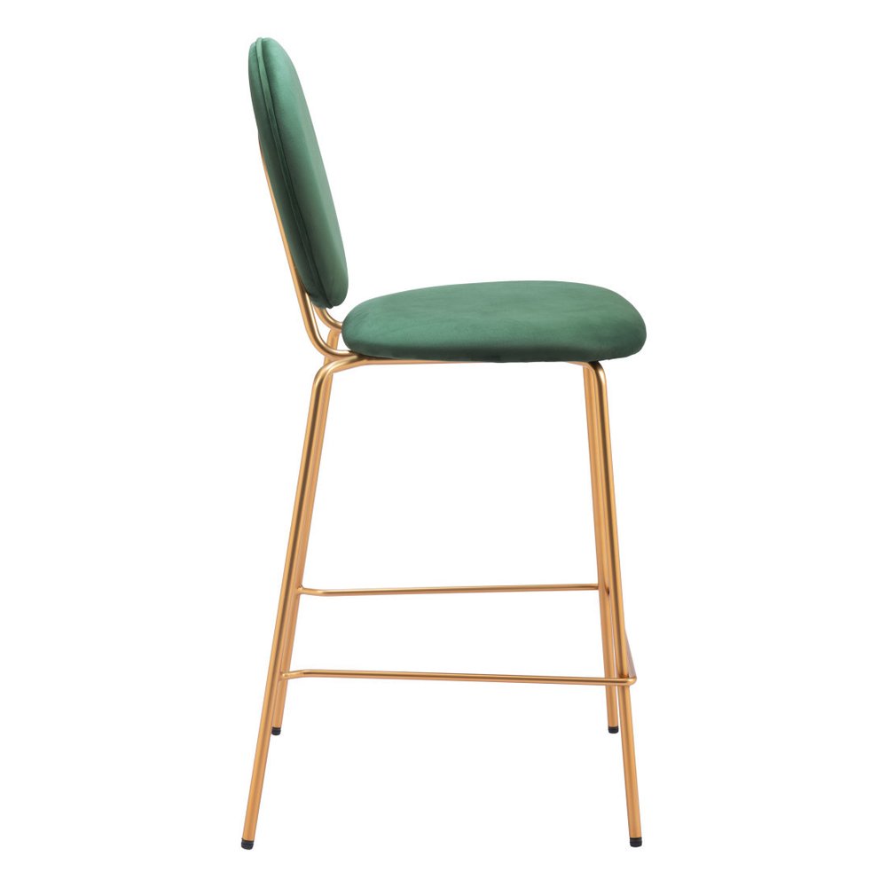 Set of Two 26" Green and Gold Velvet and Steel Counter Height Bar Chairs