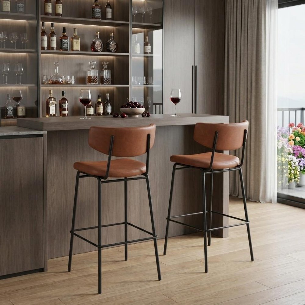 Set of Two 26" Brown And Black Faux Leather And Steel Counter Height Bar Chairs