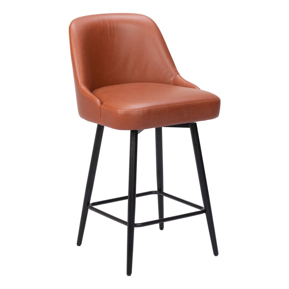 26" Brown And Black Faux Leather And Steel Counter Height Swivel Bar Chair