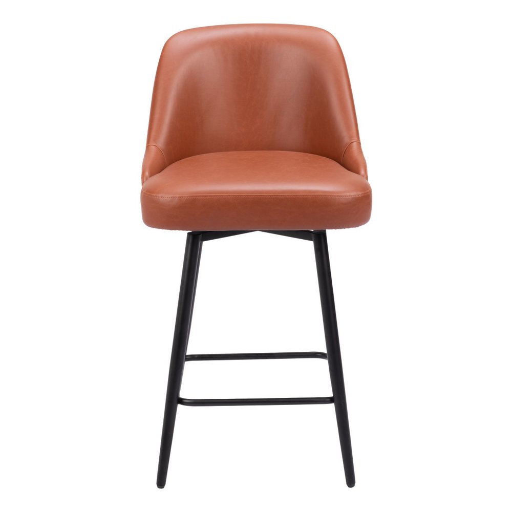 26" Brown And Black Faux Leather And Steel Counter Height Swivel Bar Chair