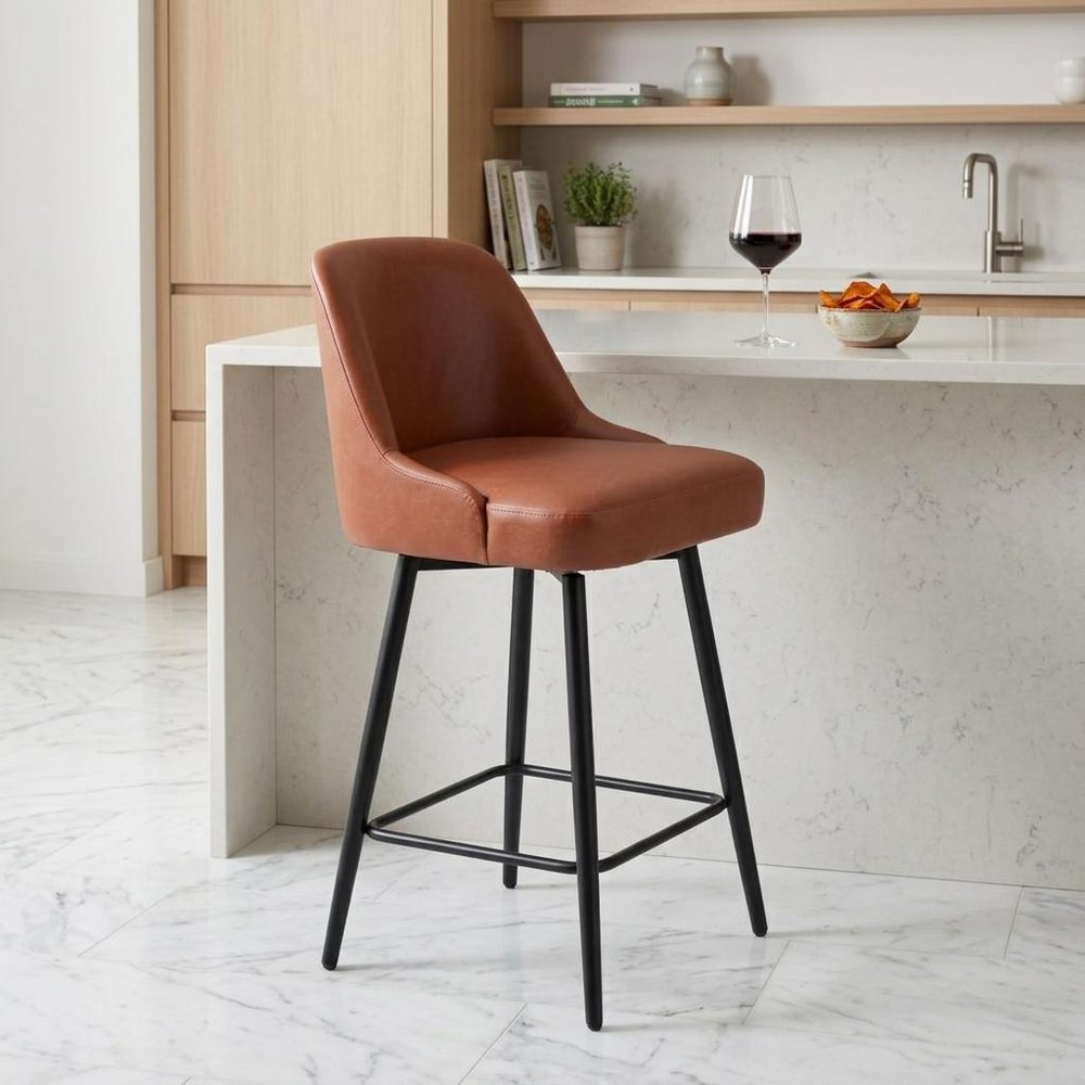 26" Brown And Black Faux Leather And Steel Counter Height Swivel Bar Chair