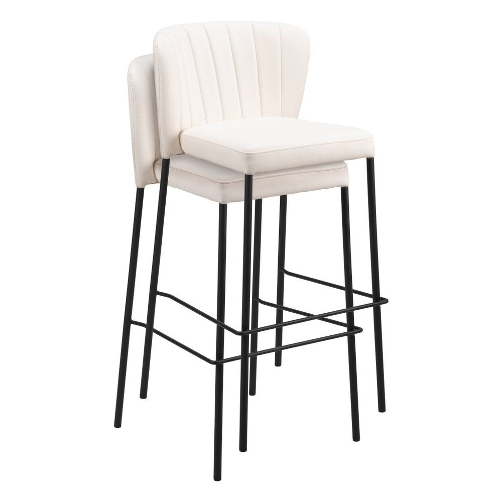 Set of Two 29" Cream And Black Faux Leather And Steel Bar Height Bar Chairs