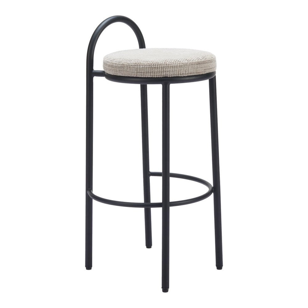 Set of Two 30" Beige and Black Chenille and Steel Low Back Bar Height Bar Chairs