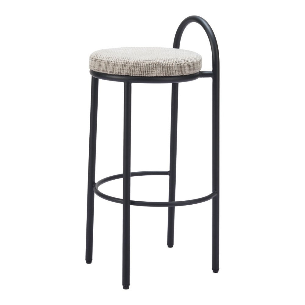 Set of Two 30" Beige and Black Chenille and Steel Low Back Bar Height Bar Chairs