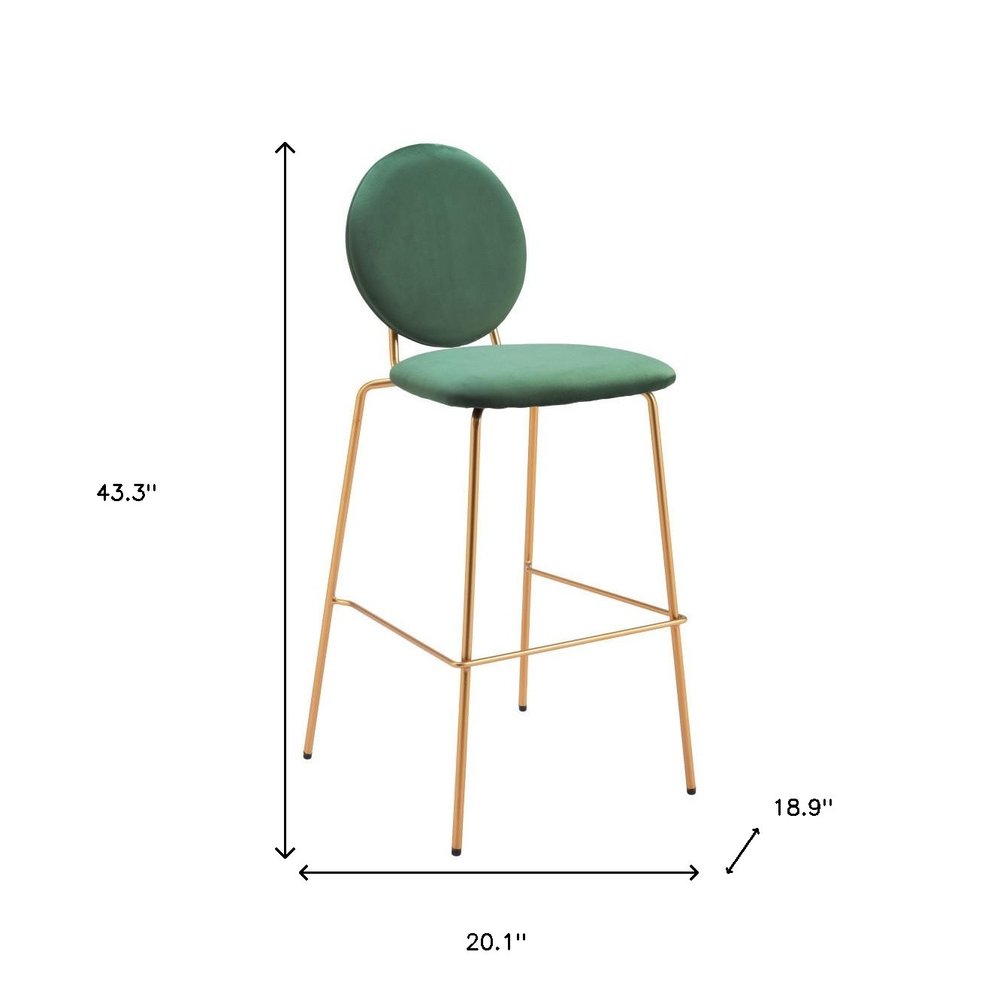 Set of Two 30" Green and Gold Velvet and Steel Bar Height Bar Chairs